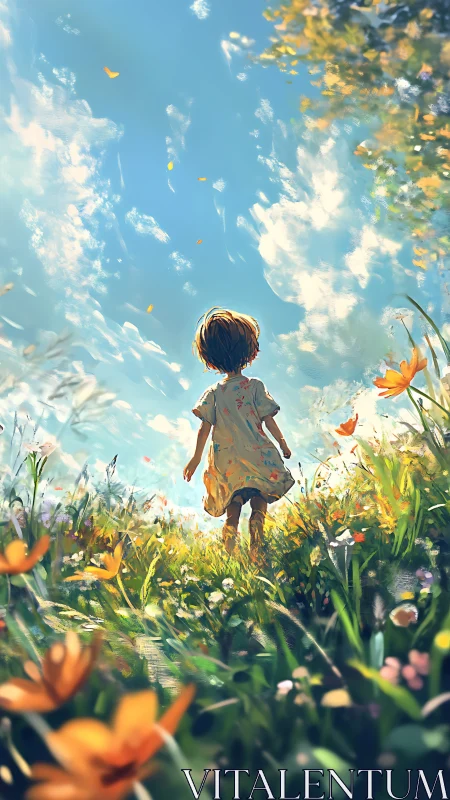 Sunlit meadow wander with a child chasing bright skies.