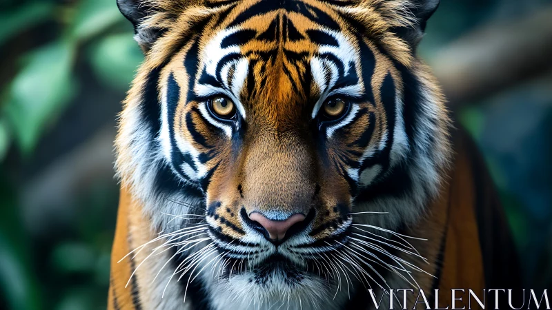 Tiger portrait with intense gaze in lush forest light.