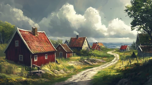 Sunlit coastal village path winds beneath towering clouds