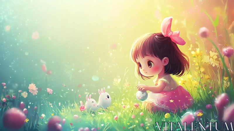 Little girl meets pastel rabbits in glowing spring meadow