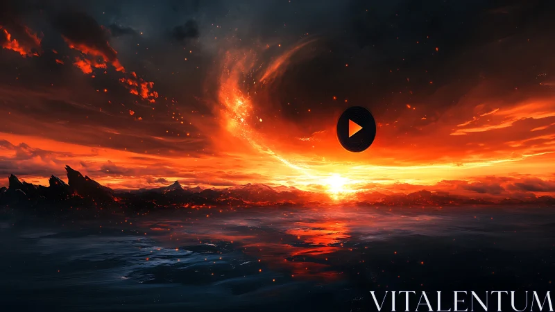 Apocalyptic ocean horizon glows beneath swirling cosmic fire