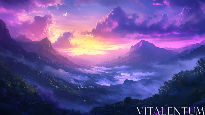 Vibrant fantasy mountains glow under a radiant violet dawn