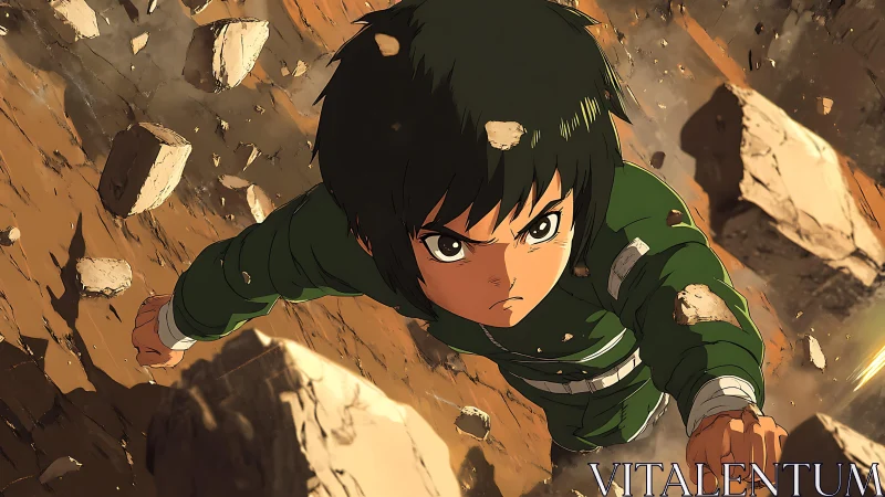 Anime youth in green suit ascending through rocky debris.