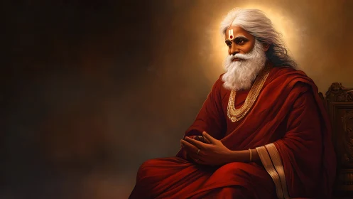 Radiant sage in crimson robes with aureole and ornate jewelry.