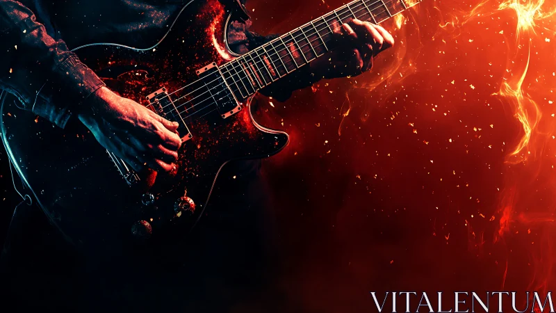 Electric guitarist plays over blazing red fiery backdrop