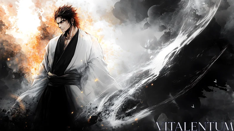 Storm-lit warrior wrapped in swirling ink and embers.