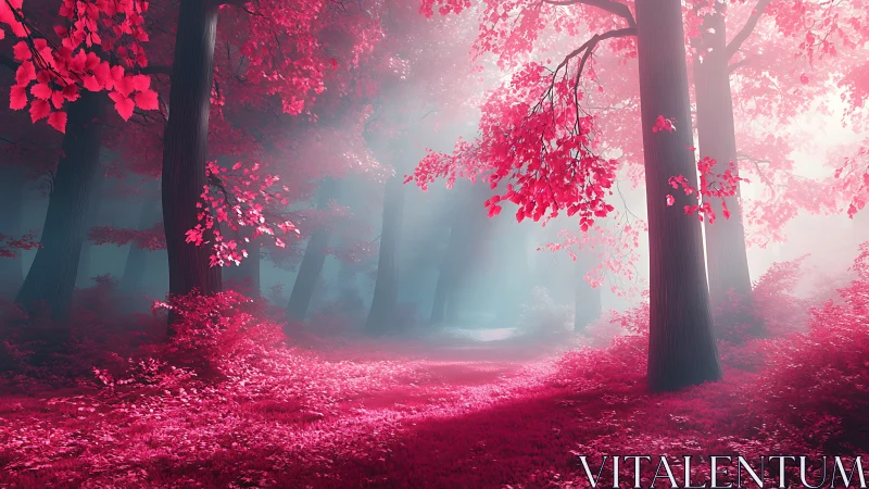 Neon Magenta Forest Path Through Towering Trees and Luminous Foliage.