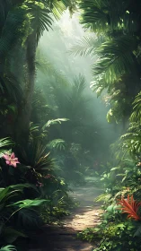 Misty Jungle Path Through Emerald Canopy.