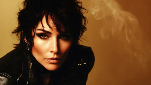 Edgy portrait of woman in leather jacket against smoke.