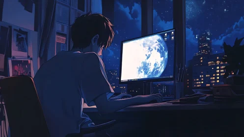 Night coder works beneath a glowing moonlit city sky