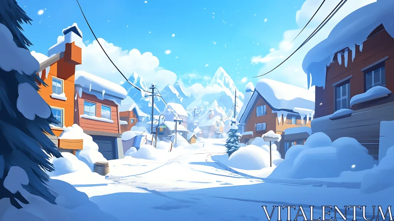 Snow-covered village street under clear blue sky.