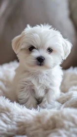 White fluffy puppy sitting on soft textured blanket.