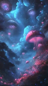 Fantasy bioluminescent forest with floating jelly fungi panorama.