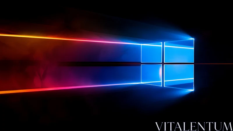 Neon window grid with mirrored glow on black void background.