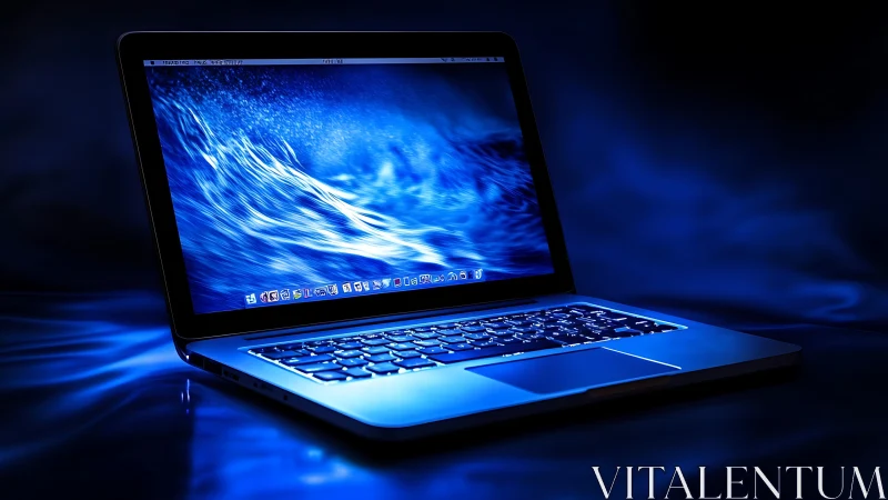 Open laptop displays blue wave graphic on illuminated surface