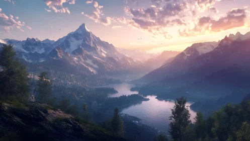 Sunrise light crowns a serene alpine lake and valley panorama.
