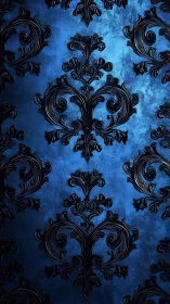 Ornate black damask pattern on textured blue background.