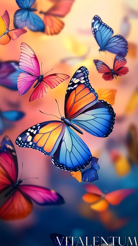 Colorful digital butterflies in soft blurred sunset sky.