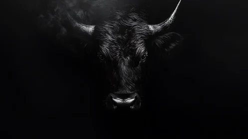Midnight bull emerges from shadow, carved in liquid silver.