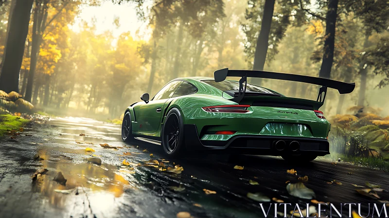 Green sports car is parked on a wet forest road in autumn