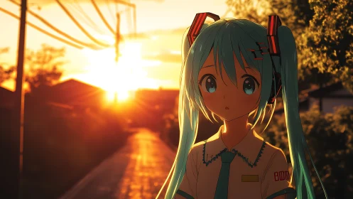 Sunlit streetdream with teal‑haired android in amber glow.