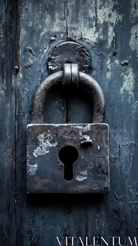 Weathered metal padlock dominates an aged wooden door surface.
