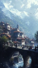 Mountain village bridge overlooks rushing alpine river.