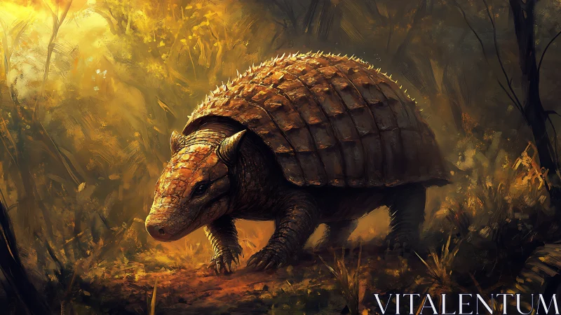 Armored forest wanderer drifts through molten amber light