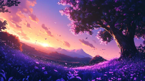 Luminous violet meadow under radiating sunset sky panorama