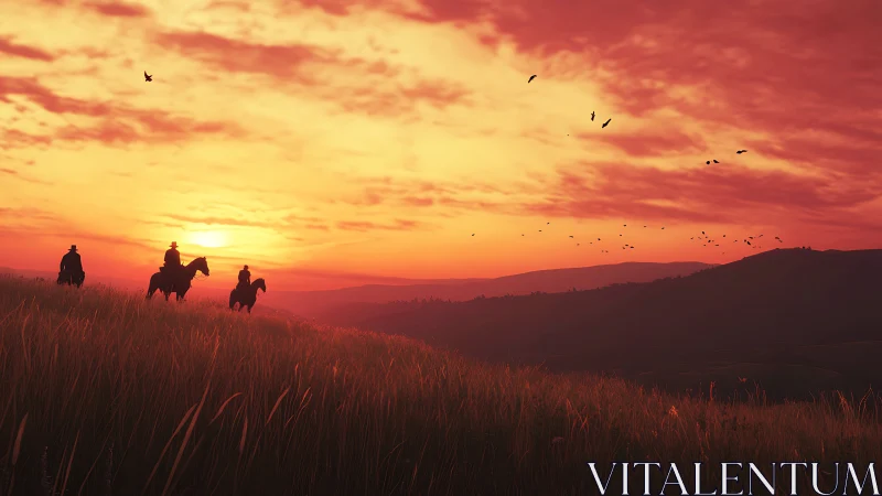 Riders traverse sunlit grassland under saturated red-orange sunset