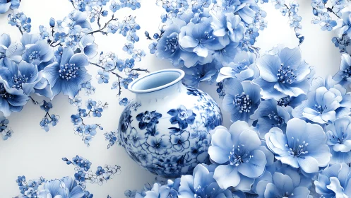 Decorative porcelain vessel surrounded by arranged blue floral elements.