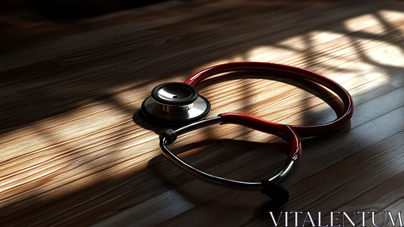 Red stethoscope on sunlit wood floor in dramatic shadows.