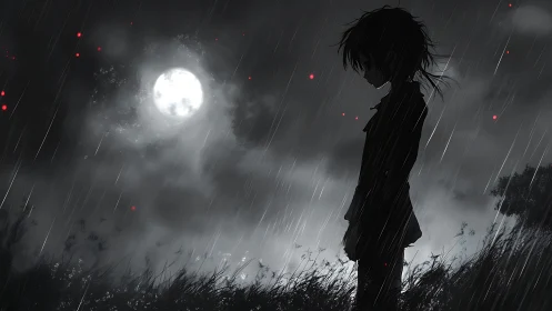 Solitary anime figure stands in moonlit rain of quiet sorrow