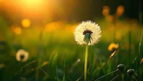 Dandelion seed head in grass under low warm sunlight period.