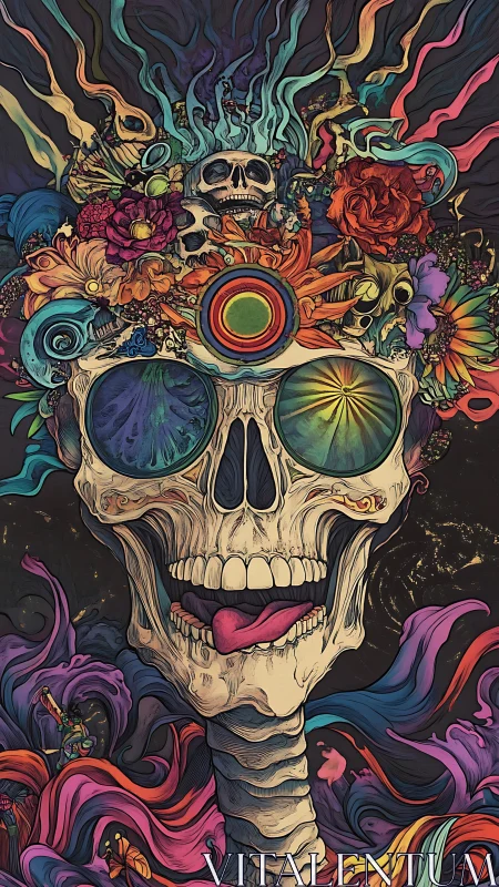 Psychedelic skull portrait with floral crown and refractive lenses