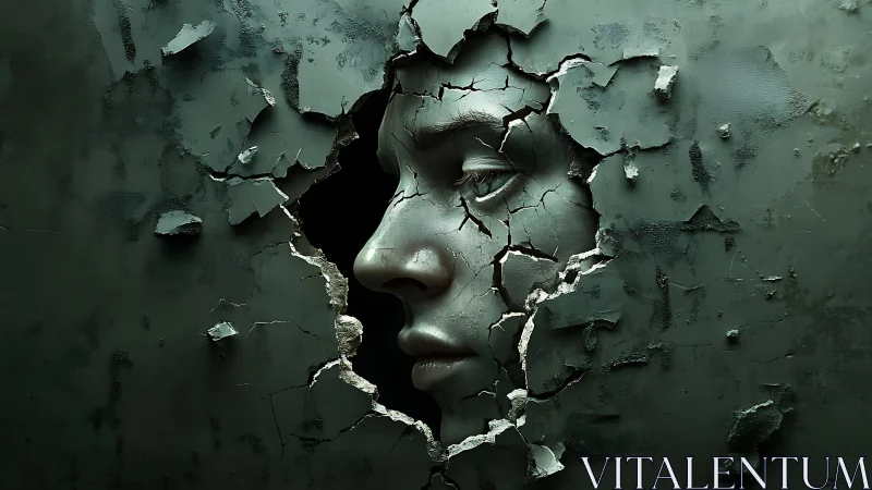 Cracked wall gently reveals a quiet, emerging human face