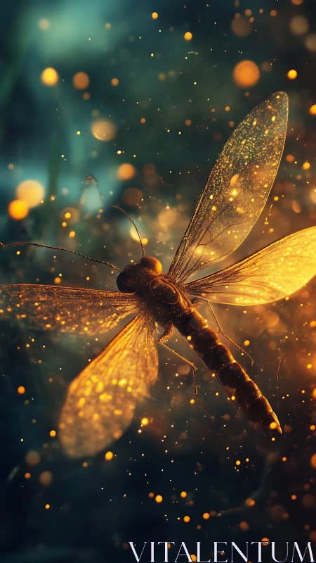 Luminous dragonfly in swirling bokeh firefly haze at dusk.