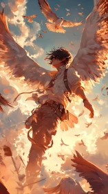 Backlit winged figure ascends through volumetric clouds and birds