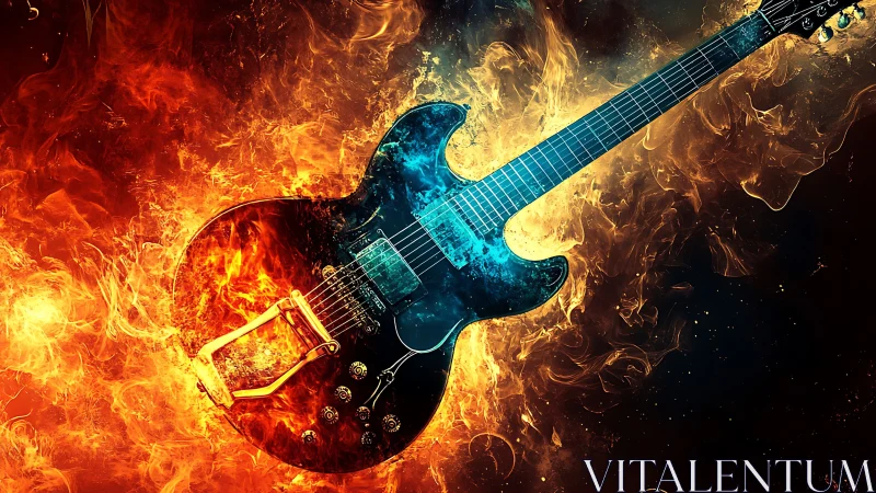 Electric guitar ignites through blue fire and orange flames.