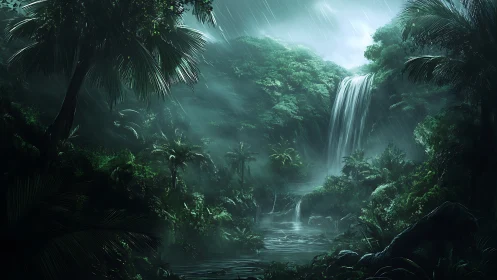 Tropical Rainforest Waterfall with Cascading Mist and Verdant Flora.