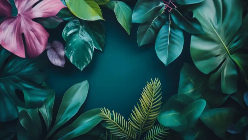Tropical leaves form vivid frame around deep teal center