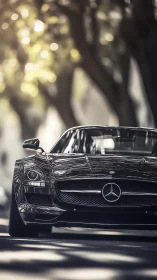 Black Mercedes sports car parked on shaded city street.