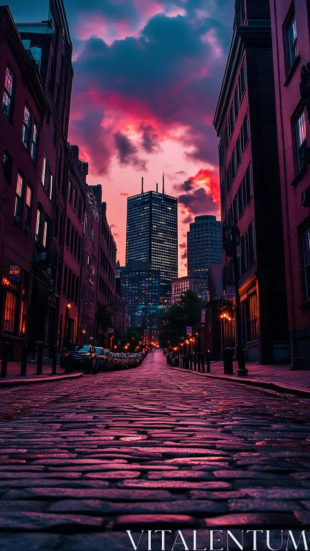 Cobblestone city street with towers under pink twilight sky.