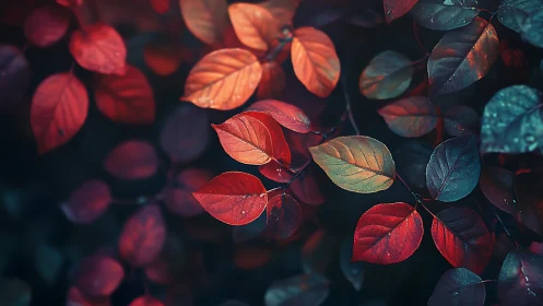 Macro study of red and teal autumn foliage with shallow focus