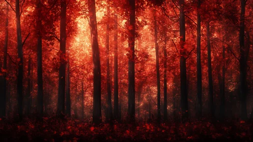 Crimson Forest Bathed in Radiant Autumn Light