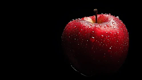 Photorealistic macro study of red apple on black ground.