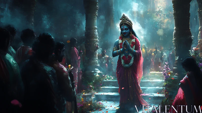 Divine blue-skinned deity in red sari amid temple procession
