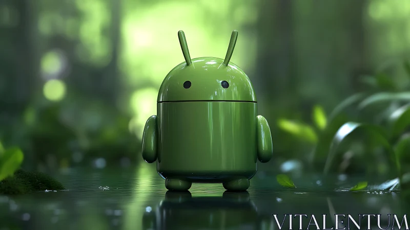 Green robot mascot standing in lush forest environment.