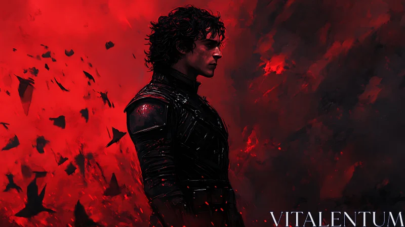 Storm-lit warrior stands steady in swirling crimson shadows