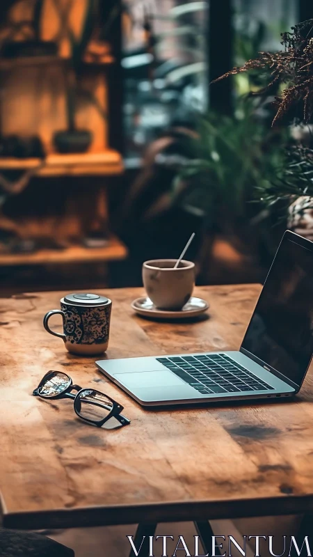 Calibrated café workstation with laptop, eyewear, and hot drinks.
